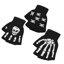 Uudet punkkäsineet Unisex Halloween Skeleton Skull Half Finger Gloves Pimeässä Sormettomat Stretch Neulotut Talvi Rukkaset