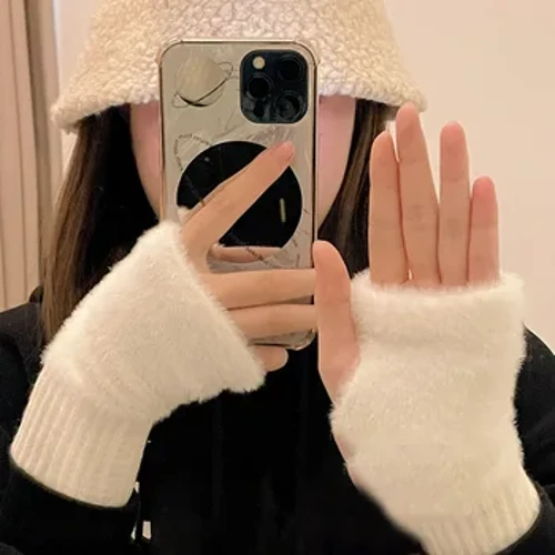 Vintermink fleece Mjuka Halvfinger Handskar Dam Varm Lyx Solid Vit Plysch Stickade Fingerless Handskar Handled Writing Vantar