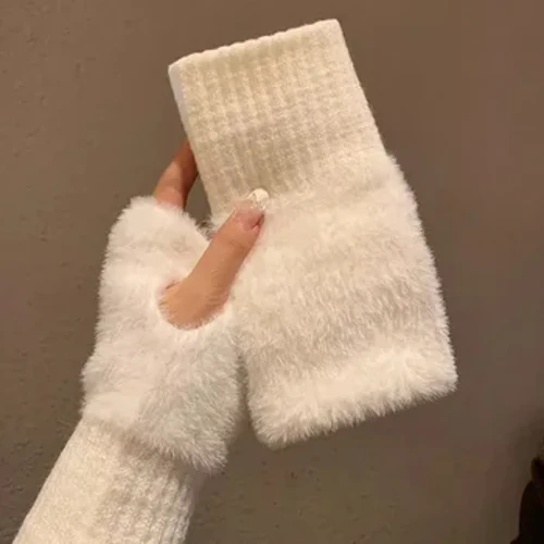 Mink Fleece Bløde Vinter Halv Finger Handsker Kvinder Varm Luksus Solid Hvid Plys Strikkede Fingerløse Handsker Håndledsvanter Skrivning