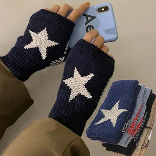 Udazkeneko Neguko puntuzko artilezko eskularruak Moda Y2K Star Gizonezkoak Emakumeak Hatz erdi leunak Mittens beroak Bost puntako izarrak Hatz gabeko eskularruak