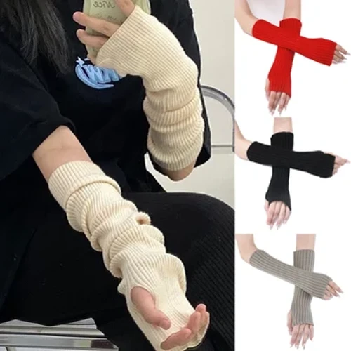 Sarung Tangan Tanpa Jari Panjang Wanita Sarung Tangan Musim Dingin Lengan Hangat Rajutan Lengan Lengan Halus Kasual Lembut Gadis Goth Pakaian Punk Gothic Sarung Tangan