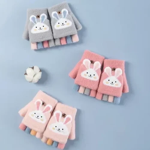 Kinder-Fünffingerhandschuhe für den Winter, Junge, dicke Halbfingerhandschuhe, Mädchen, Kinder, Strickfäustlinge, Winter, neue, warme Cartoon-Flip-Handschuhe