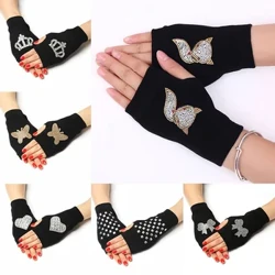 Emakumeen hatz erdia esku berogailua Hatzrik gabeko eskularruak Puntuzko eskularru distiratsuak Neguko Rhinestone beltza