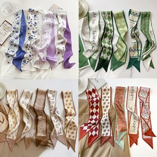 2024 Kiʻekiʻe-Kiʻekiʻe Khaki olohelohe waihoʻoluʻu moʻo Silk Scarf Hair Band Ribbon i hoʻopaʻa ʻia i ka lauoho lōʻihi kakaka Vintage Satin Ribbon Nā mea lauoho lauoho.