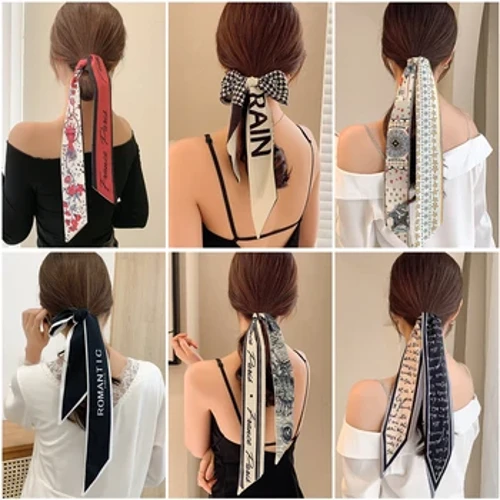 2023 New Fashion Mătase eșarfă bandă de păr fundă lungă panglică imprimare coreeană scrisoare eșarfă de păr femei coadă de cal suport accesorii de păr