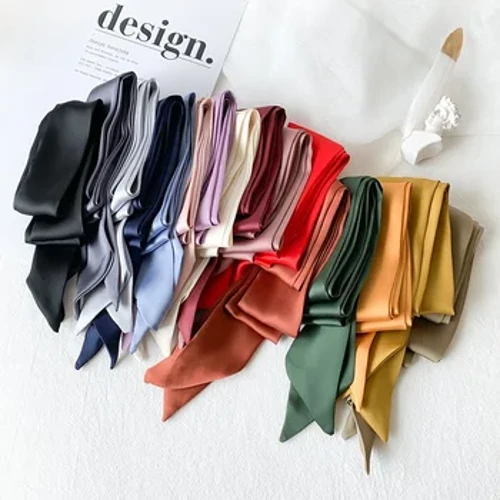 Enfärgad smal sidenscarf för kvinnor, imitation av siden, enfärgad liten halsduk, mångsidig koreansk slipsväska och streamer