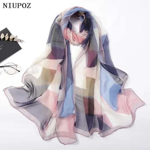 Babae Foulard Makulay Geometric Elegant Chiffon Georgette Bandana Scarf Summer Beach Silk Feeling Paglalakbay Sun Protection Manipis