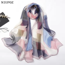 Wanita Foulard Warna-warni Geometris Elegan Chiffon Georgette Bandana Syal Musim Panas Pantai Sutra Perasaan Perjalanan Perlindungan Matahari Tipis