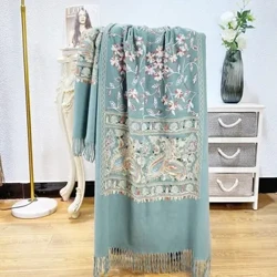 Förtjockad broderad varm sjal för kvinnor Mångsidig höst/vinter halsduk Dubbelsidig kashmir lång manteau/mantel
