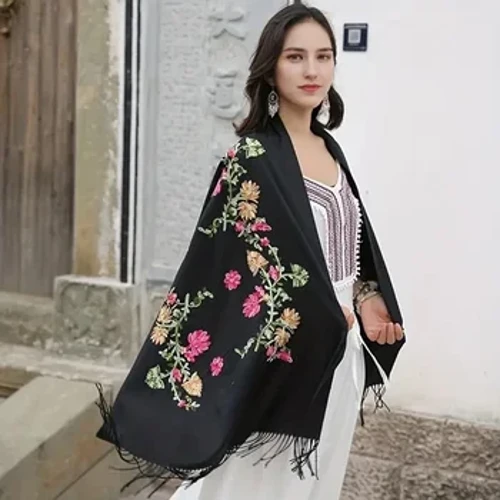 Musim Dingin Imitasi Kasmir Syal Bordir Bunga Pashmina Solid Tassal Wraps untuk Wanita Elegan Selimut Hangat Selendang 200*70 Cm
