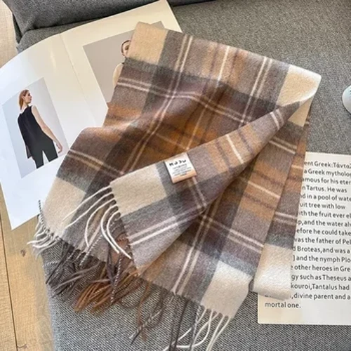 Bufanda de lana 100% para mujer y hombre, bufandas de Cachemira a cuadros de tartán de estilo británico con borla, bufanda cálida para cuello para invierno, chal 2024