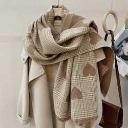 Çift taraflı kaşmir eşarp Sonbahar Kış Kadın Aşk Kalp Ekose Moda Bayanlar Uzun Kalın Sıcak Örgü Eşarp Hijab Stole