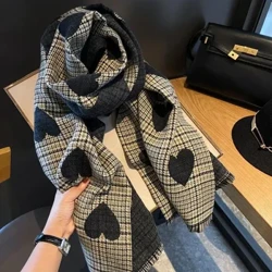 2023 Sgarff Cashmere Ochr Ddwbl Newydd Gaeaf Cariad Merched Plaid Merched y Blaid Hir Tewhau Cynnes Wedi'u Gwau Hijab Sgarff Wedi'i Ddwyn