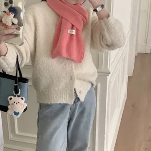 Nữ Ấm Áp Đan Khăn Đồng Màu Khăn Choàng Cashmere Len Dệt Kim Hàn Quốc Cặp Đôi Thời Trang Dày Ấm Hút Nhiệt Len