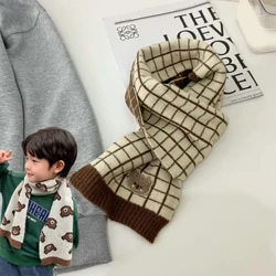 Lenço de malha de inverno para crianças, cachecol longo quente, fofo, xadrez, listrado, urso, meninos, meninas, cachecol de pescoço, estilo coreano