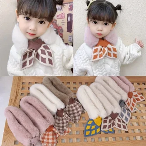 New Soft Plush Bayi Gadis Syal Musim Dingin Lucu Kotak-kotak Tebal Hangat Bulu Imitasi Gadis Selendang Busur Leher Hangat Syal Anak Anak