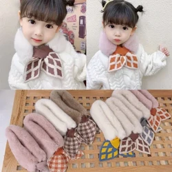 New Soft Plush Bayi Gadis Syal Musim Dingin Lucu Kotak-kotak Tebal Hangat Bulu Imitasi Gadis Selendang Busur Leher Hangat Syal Anak Anak