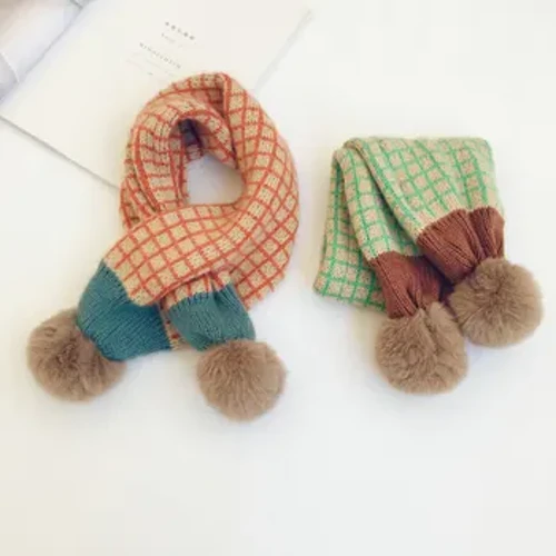 Neguko Umeen Plaid Puntuzko Zapiak Koreako Estiloa Ponpon leuna Patchwork Xal Haurrak Lepoko zapi epela