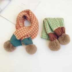 Novo inverno crianças xadrez cachecóis de malha estilo coreano macio pompom retalhos xale crianças quente neckerchief