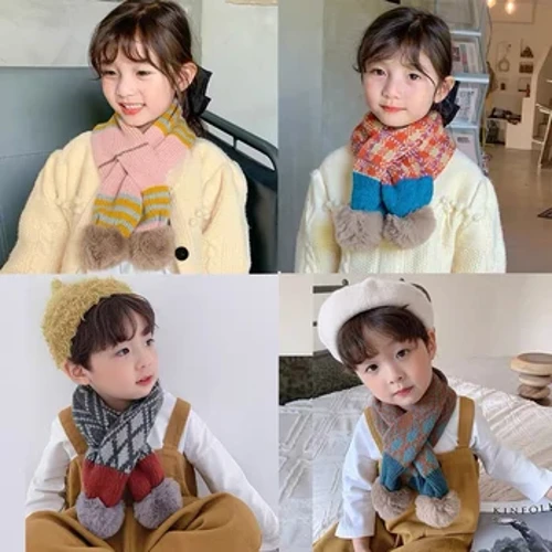 Fuskpäls Barnhalsduk för pojkar Flickor Stickad Pläd Pompom Vinter Barnscarfs Unisex Barn Halsvärmare Halsdukar Babytillbehör