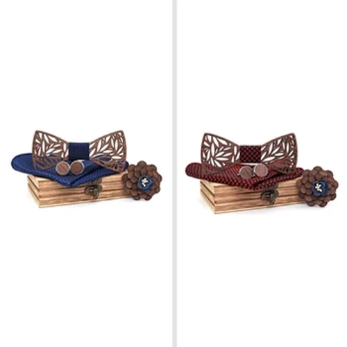 Noeud papillon en bois pour hommes fait à la main avec carré de poche assorti et ensemble de boutons de manchette pour hommes