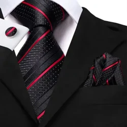 Fekete piros csíkos selyem esküvői nyakkendő férfiaknak Handky mandzsettagomb Ajándék Férfi Nyakkendő Divat Üzleti Party Dropshiping Hi-Tie Designer