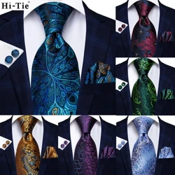 Hi-Tie Con Công Màu Xanh Thiết Kế Mới Lạ Lụa Cà Vạt Đám Cưới Cho Nam Hanky ​​Khuy Măng Sét Tặng Nam Cà Vạt Bộ Kinh Doanh đảng Dropshipping
