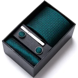 Ansawdd Uchaf 7.5 cm Cysylltiadau Busnes Hanky ​​Dolen Gyff Set Clipiau Tei Corbatas Necktie Gwyrdd Ar gyfer Dynion Priodas Mewn Blwch Rhodd Gravatas