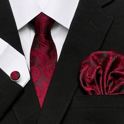 Cà Vạt Nam Kẻ Sọc Đỏ In Jacquard Dệt Cà Vạt Hanky ​​Khuy Măng Sét Bộ Cho Đám Cưới Chính Thức Tiệc Kinh Doanh Miễn Phí Bưu Chính