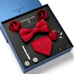 Cyfanwerthu Jacquard Rhodd Gwyliau Tei Sgwariau Poced Sgwariau llawes Set Necktie Box Affeithwyr Priodas Dyn Llwyd Tywyll Dydd Pasg