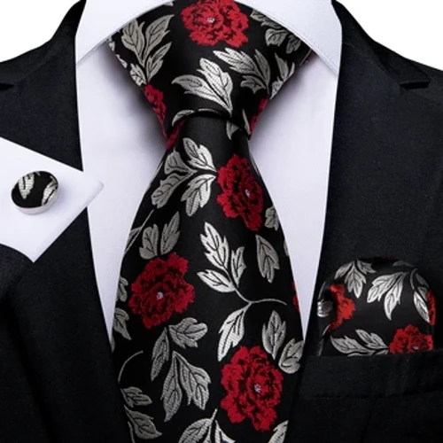 Cravate florale cu trandafir roșu și negru pentru bărbați, 8 cm, cravată de mătase pentru bărbați, set de butoni, cravată de nuntă de afaceri, cadou pentru bărbați DiBanGu