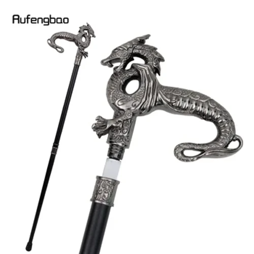 Gümüş Lüks Ejderha Baston Gizli Plaka ile Kendini Savunma Moda Kamışı Plaka Cosplay Crosier Sopa 93 cm