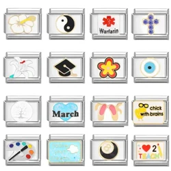 โรแมนติก Lily ดอกไม้ DEVIL Eyes CROSS เดือน Tai Chi ภาษาอิตาเลี่ยน Charm Links สแตนเลสสตีล 9 มม.สร้อยข้อมือ DIY ทำเครื่องประดับ