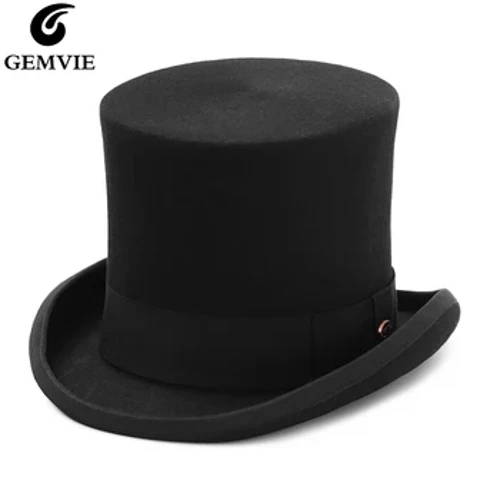 GEMVIE 17cm 100% yün keçe silindir şapka erkekler kadınlar için silindir yüksek şapka Topper çılgın şapkacı parti kostüm Fedora sihirbaz tiyatro şapkası