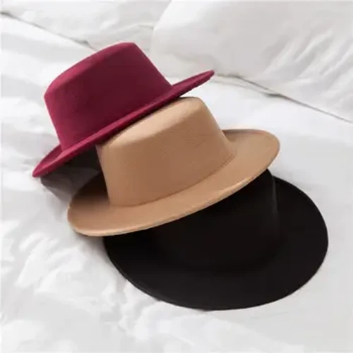 Lapos felső Fedoras női sapkák egyszínű, gyapjú utánzatú jazz sapka Elegáns brit széles karimájú női sapkák Bowler kalapok Fedora