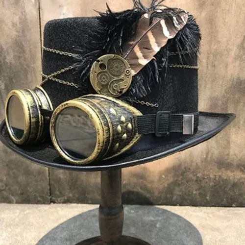 Steampunk topphatt Viktoriansk hatt i ullfilt med skyddsglasögon och fjäder unisex dräkt Topp gotiska hippies Cosplay rekvisita