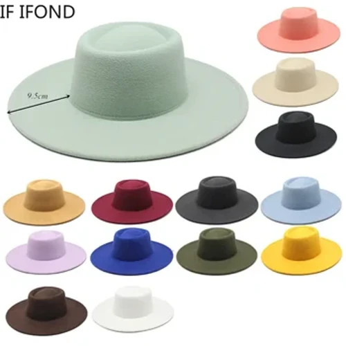 Arddull Glasurol Prydeinig 9.5CM Het Fedora Ymyl Fawr Llydan i Ferched Ffasiwn Hydref Gaeaf Hetiau Eglwys Gwisg Briodas Cap Jazz