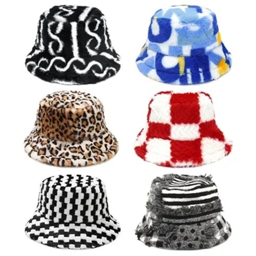 Chapeaux seau d'hiver pour femmes, imprimé à la mode, Panama chaud, en laine, velours doux, fourrure épaisse, cheveux de lapin, chapeau de pêcheur en plein air