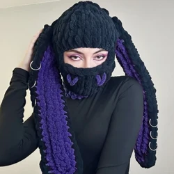 Tai Thỏ Lớn Mũ Dệt Kim Handmade Nguyên Mặt Chú Thỏ Dễ Thương Trượt Tuyết Balo Mũ Ấm Áp Halloween Mũ Len Dự Tiệc Ma Quái Tất Cả Trong Một Mũ