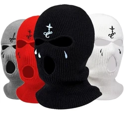 Muoti Unisex-hiihtomaski Talven lämmin 3-reikäinen neulottu hattu koko kasvopeite Balaclava-hatut Hauskat juhlat kirjonta Pipot ratsastuslippikset