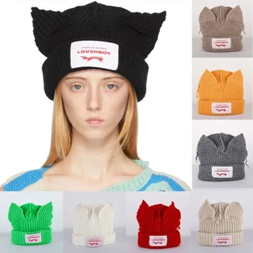 2023 Loverboy Chapéu de malha com orelha de gato, chapéu de lã quente e sólido com orelha de porco, boné bonito da moda com capuz, design de nicho, hip-hop, personalidade, chapéu frio
