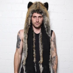 Mannen/Vrouwen Imitatiebont Kap Dierenhoed Oorkleppen Handschoenen 3in1 Dierenbontmuts Wolf Pluche Warm Imitatiebont Hoeden Cap met Sjaal Handschoenen