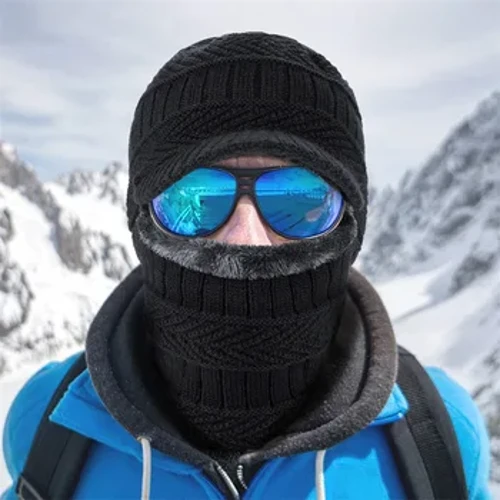 Hataí Geimhridh 3-in-1 d'Fhir Dath Soladach Tiubh Plush Skullies Beanie Cap Neckerchief Caps Aon-phíosaí Caipíní Olann Olann Hata Cniotáilte