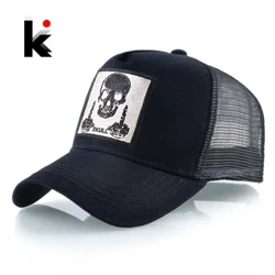 Männer Baseball Cap mat Broderie Schädel Patch Snapback Hip Hop Trucker Cap Fraen Véier Saison Outdoor Atem Visor Bone Hüts