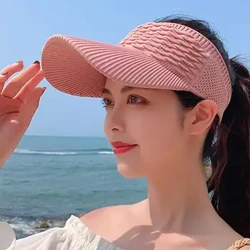 Fashion Folds Design Women Empty Top Hat Summer Solid Color Malaking Brim Sunscreen Hat Panlabas na Elastic Fabric Sports Sun Cap