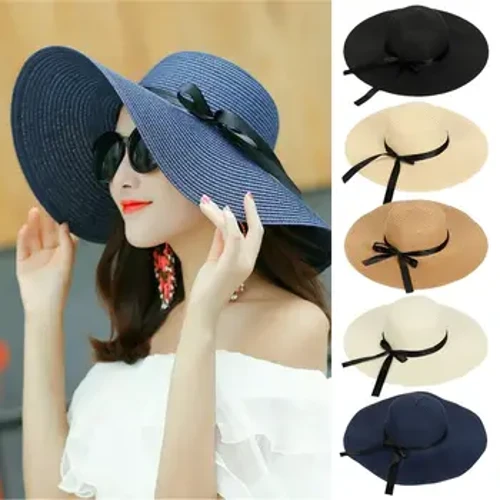 Sombrero de paja flexible de ala grande con visera de playa para mujer, gorra con lazo de verano a la moda, sombreros informales para el sol de verano