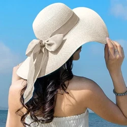 ʻO nā pāpale wahine kauwela ʻo Straw Hat Bowknot Wide Brim Floppy Panama Hats Wahine Wahine Ma waho Hiki ke Hoʻopili ʻia Beach Sun Cap