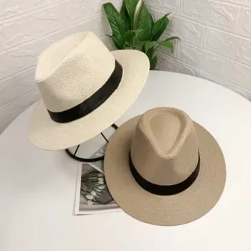 Népszerű férfi sapka könnyű szalmakalap lapos kupola, széles karimájú cowboy Fedora kalap UV védelemmel