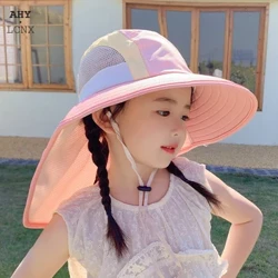 Sommer baby solhatt med nakkeklaff stropp Bred kant strandhatter Barn bøttehatt UV-beskyttelse Panama caps for gutter jenter utendørs