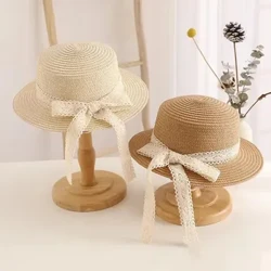 Lucu Busur Streamer Gadis Topi Jerami Musim Semi Musim Panas Bernapas Kerai Anak Topi Matahari Luar Ruangan Perlindungan UV Anak Panama Ca